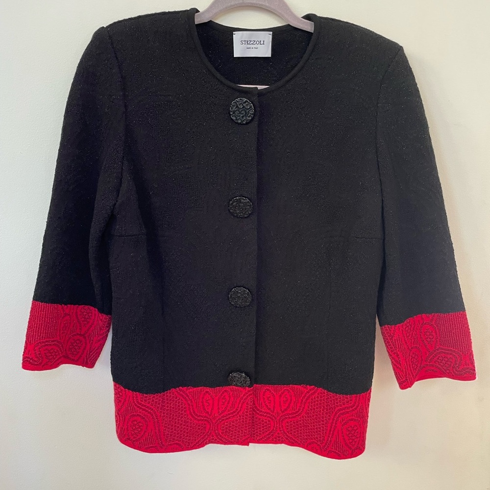 EUC SZ 14 RED/BLACK WOOL JACKET KNIT IN ITALY BY DESIGNER STIZZOLI GORGEOUS!